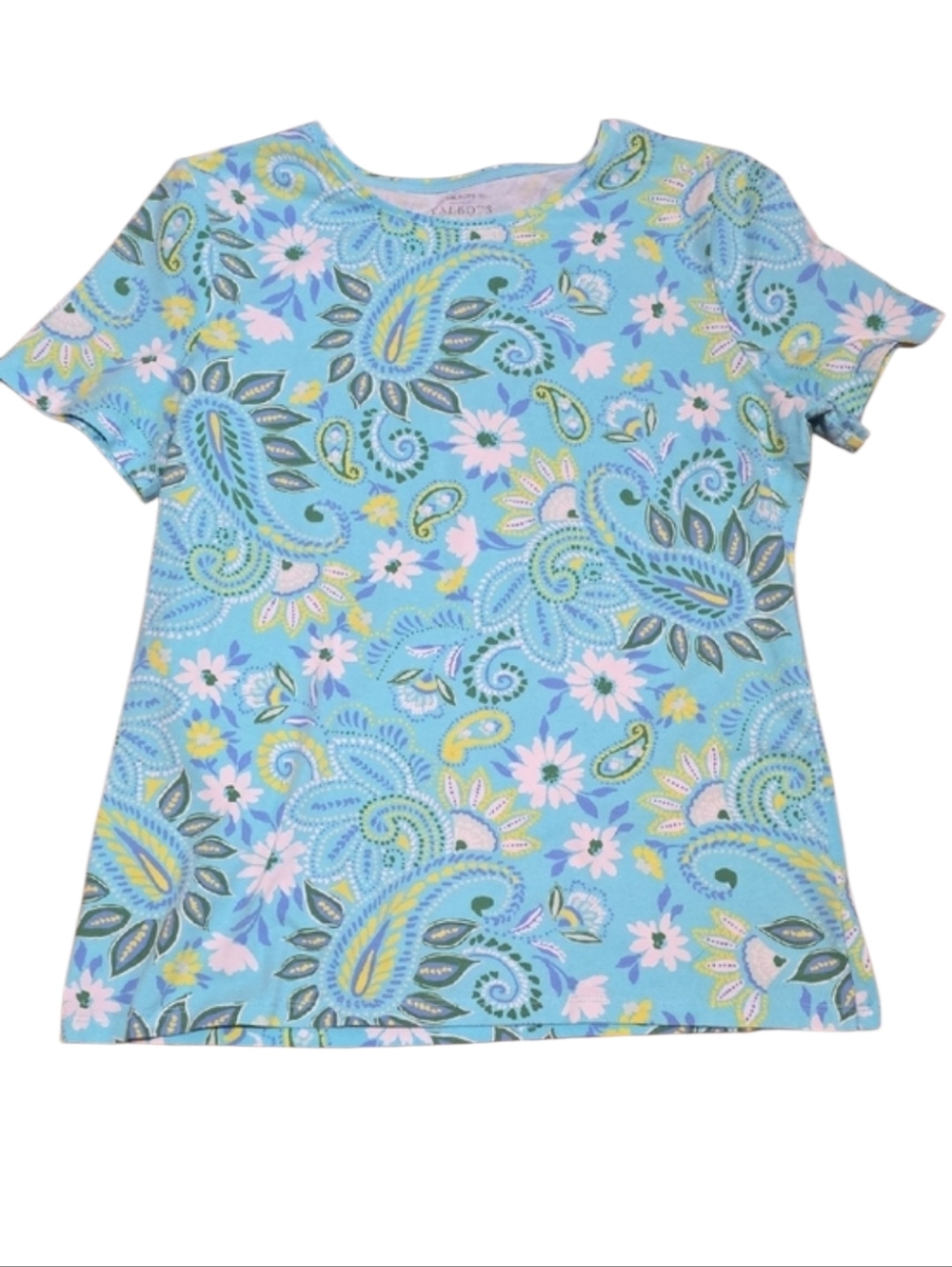 Talbots Light Blue Paisley Floral Tee with Pink and Yellow Accents
